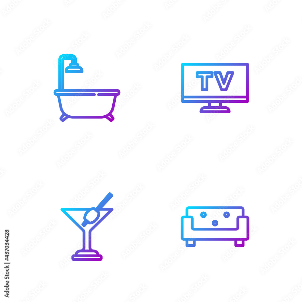 Set line Sofa, Martini glass, Bathtub with shower and Smart Tv. Gradient color icons. Vector