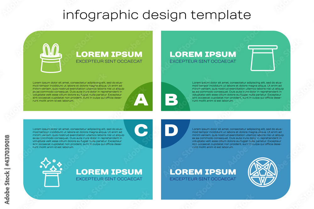 Set line Magic hat, Magician and rabbit ears, Pentagram in circle and . Business infographic templat