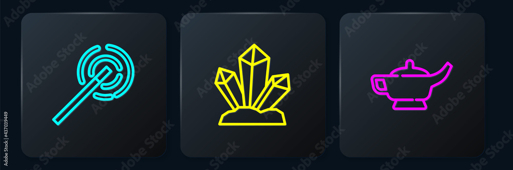 Set line Magic wand, lamp or Aladdin and stone. Black square button. Vector