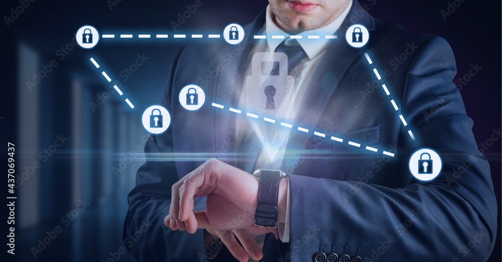 Composition of online security padlock icons over businessman checking time