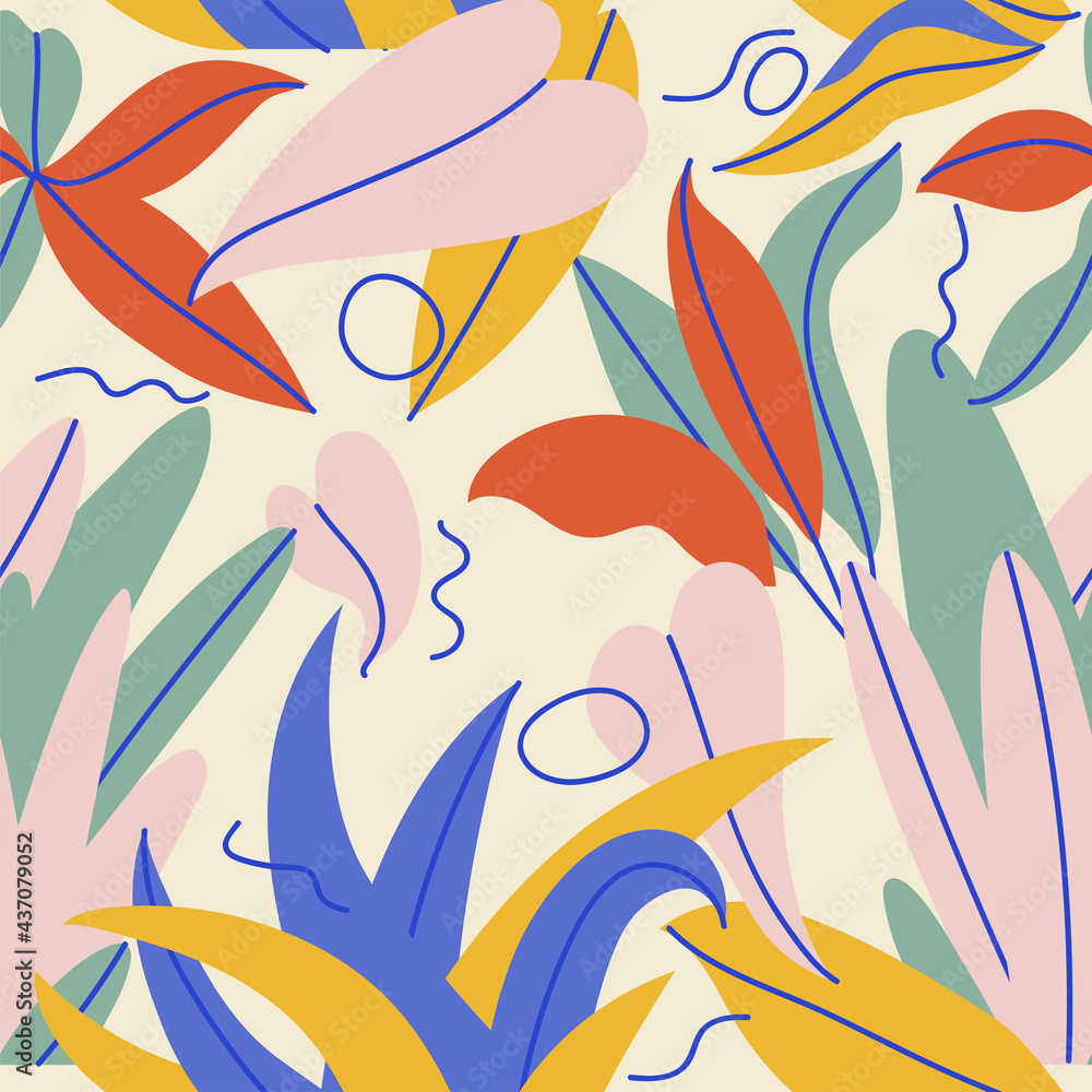 Vector illustration abstract seamless pattern with tropical leaves. Colorful texture.