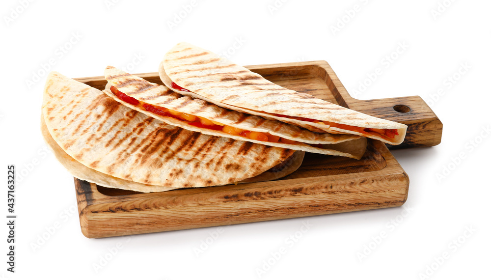 Board with tasty quesadillas on white background