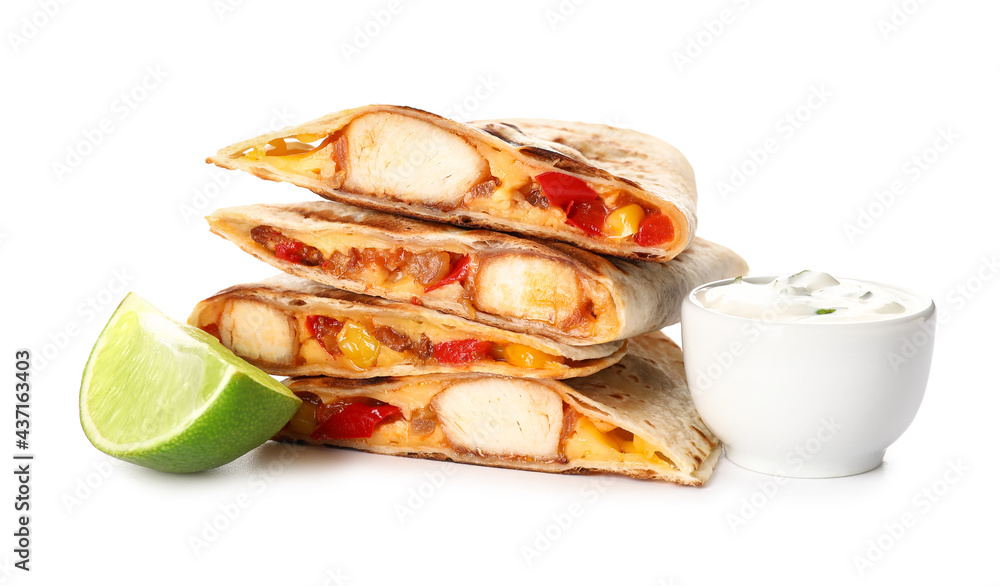 Tasty quesadillas, lime and sauce on white background