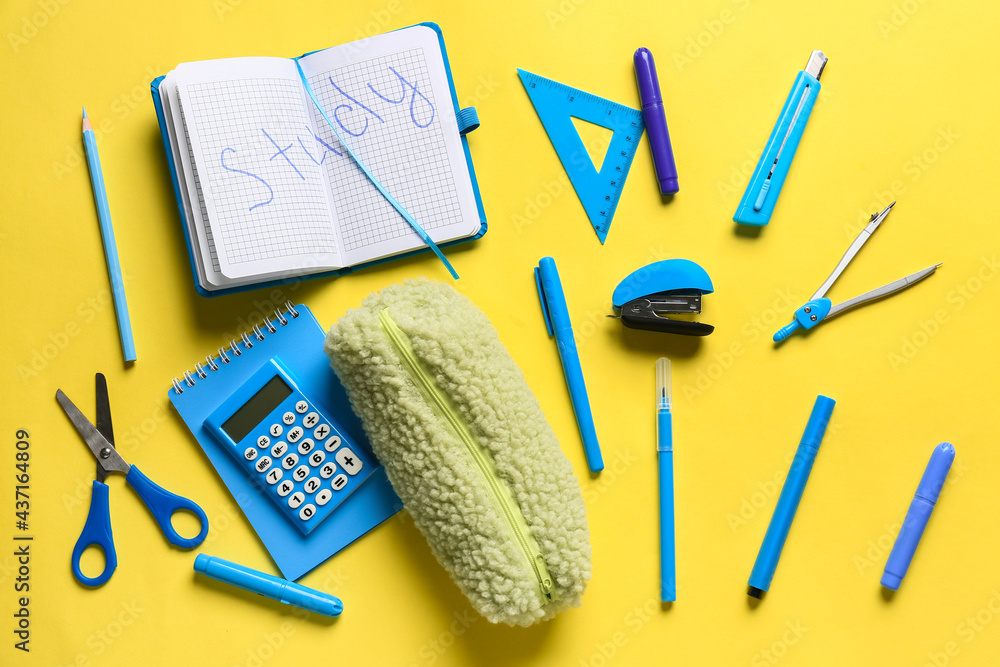 Pencil case with stationery on color background