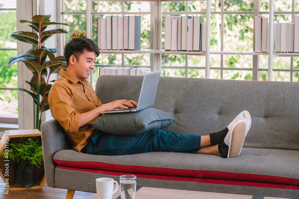 businessman using laptop for working at home on sofa