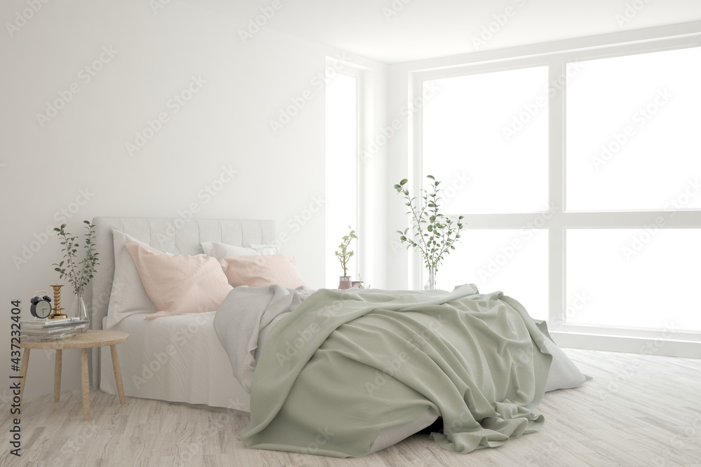 Soft color bedroom interior. Scandinavian design. 3D illustration