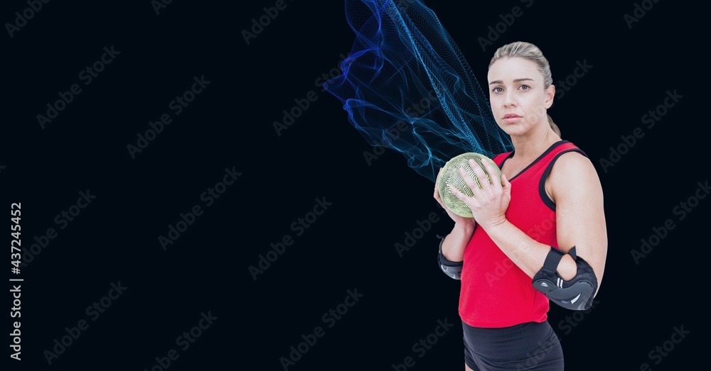 Composition of caucasian female handball player holding ball with copy space on black background