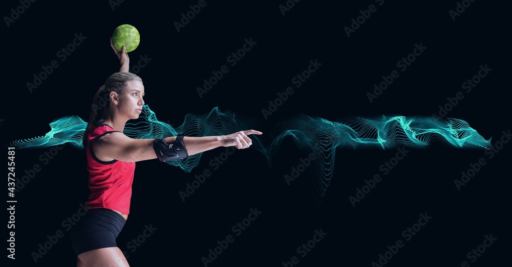 Composition of caucasian female handball player holding ball with copy space on black background