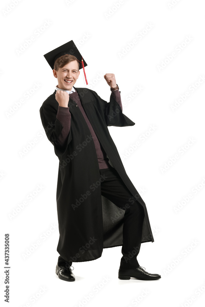 Happy graduating student on white background