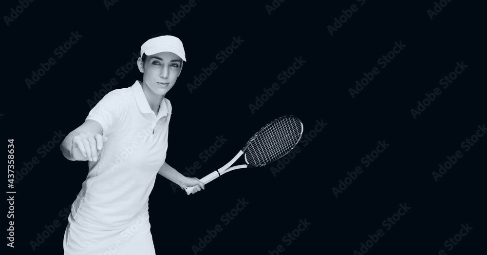 Compostion of female tennis player on black background