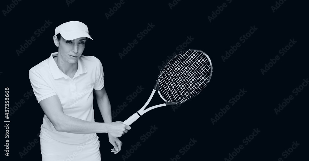 Compostion of female tennis player on black background