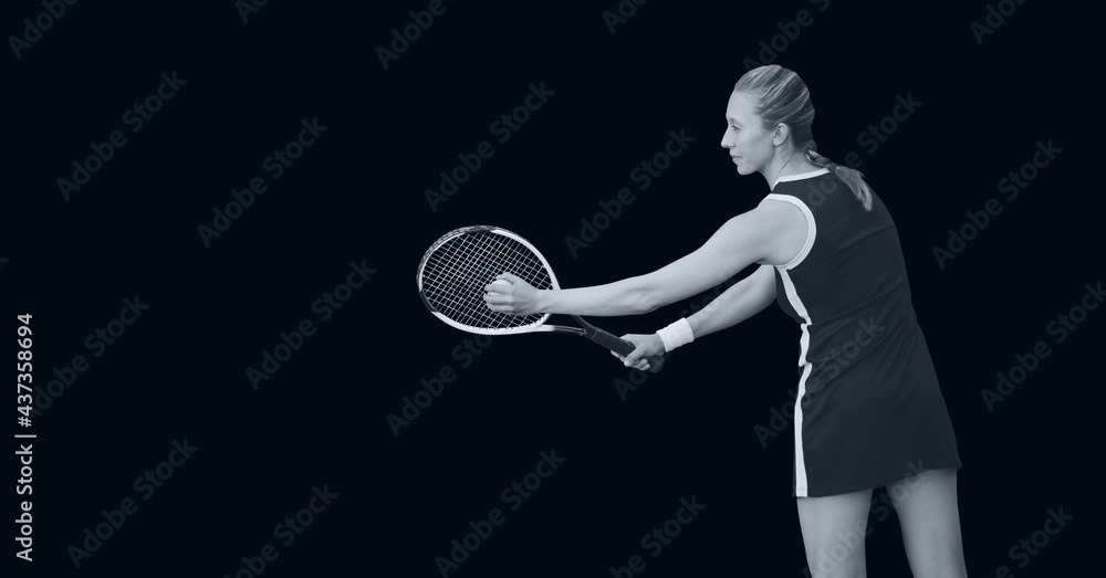 Compostion of female tennis player on black background