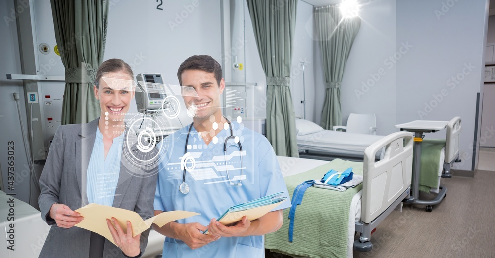 Composition of screen with medical data and icons over smiling male and female doctors