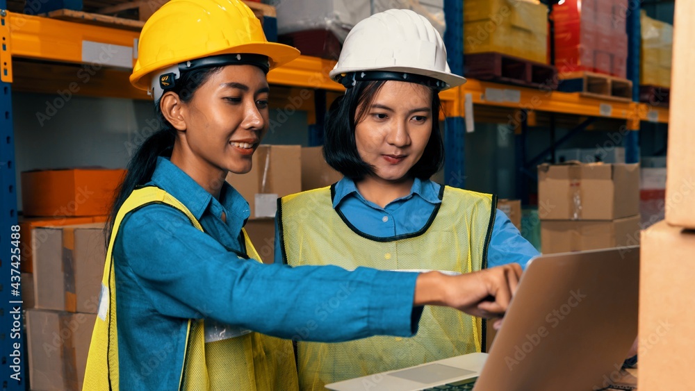 Female warehouse worker working at the storehouse . Logistics , supply chain and warehouse business 