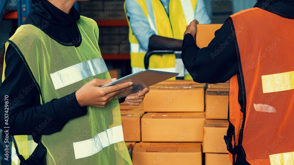 Warehouse worker working together in the storehouse . Logistics , supply chain and warehouse busines