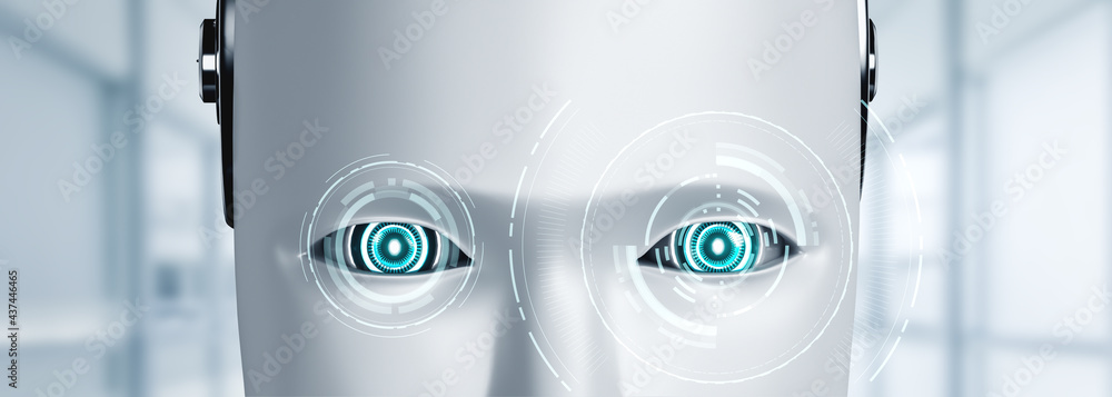 Robot humanoid face and eyes close up view 3D rendering. AI thinking brain, artificial intelligence 