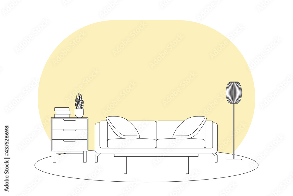 interior design with living room furniture set in modern style, illustration
