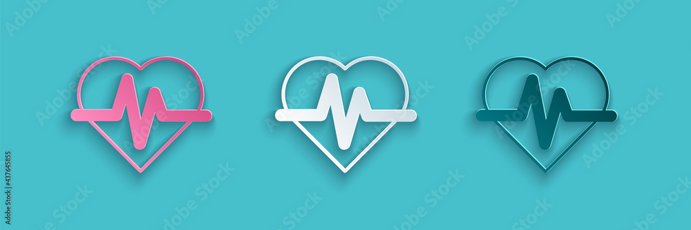 Paper cut Heart rate icon isolated on blue background. Heartbeat sign. Heart pulse icon. Cardiogram 