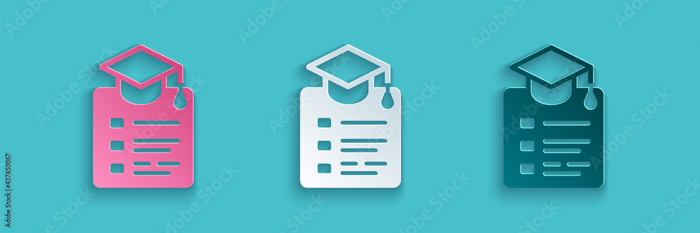 Paper cut Online education and graduation icon isolated on blue background. Online teacher on monito