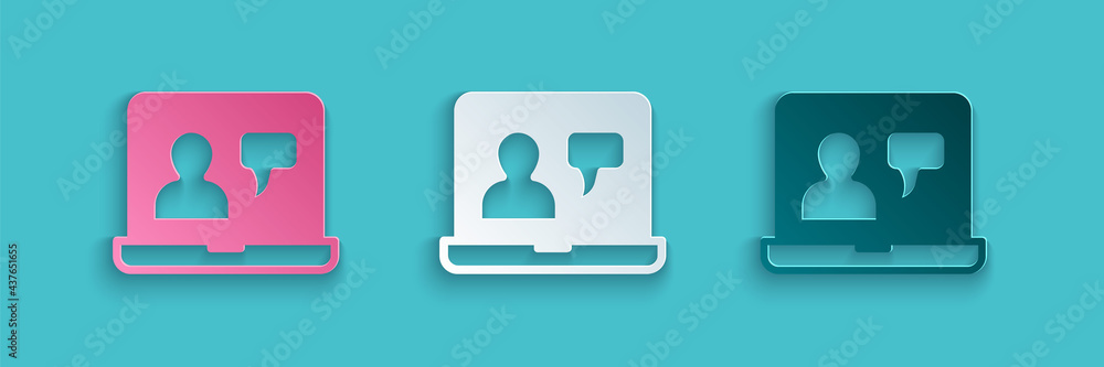 Paper cut Online education and graduation icon isolated on blue background. Online teacher on monito