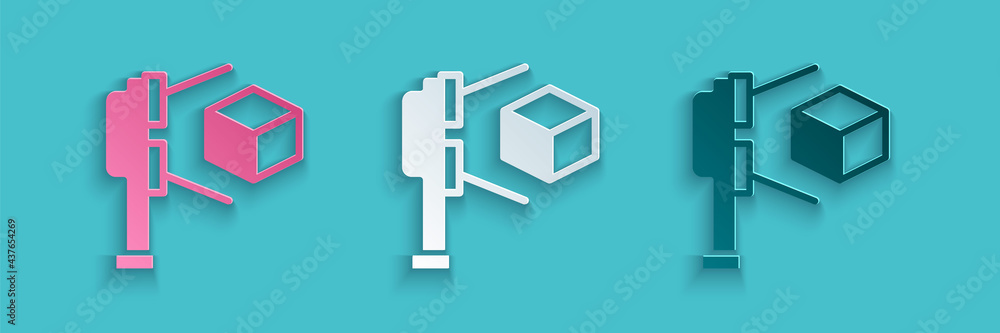 Paper cut 3D scanner with cube projection icon isolated on blue background. Paper art style. Vector