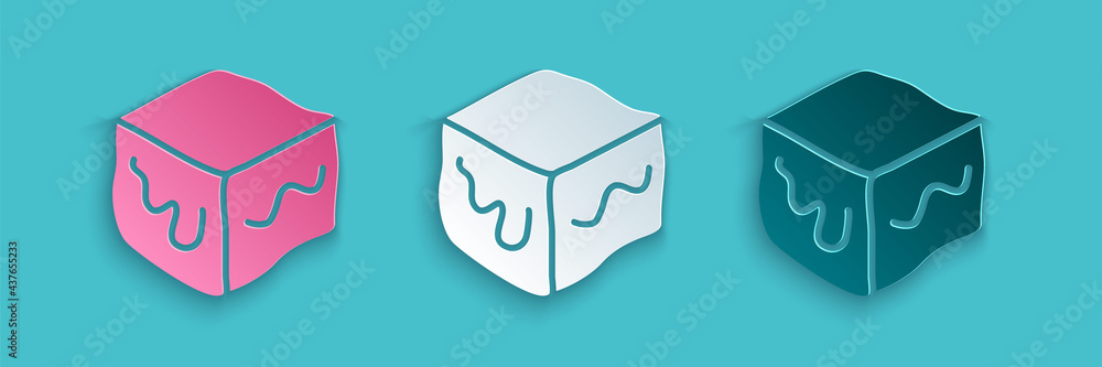 Paper cut Isometric cube icon isolated on blue background. Geometric cubes solid icon. 3D square sig