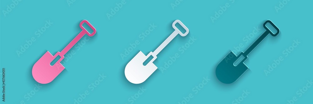 Paper cut Shovel icon isolated on blue background. Gardening tool. Tool for horticulture, agricultur