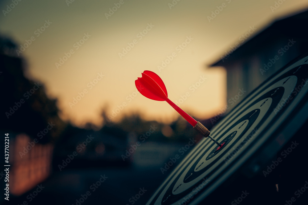 bullseye target or dart board has red dart arrow throw hitting the center of a shooting for business