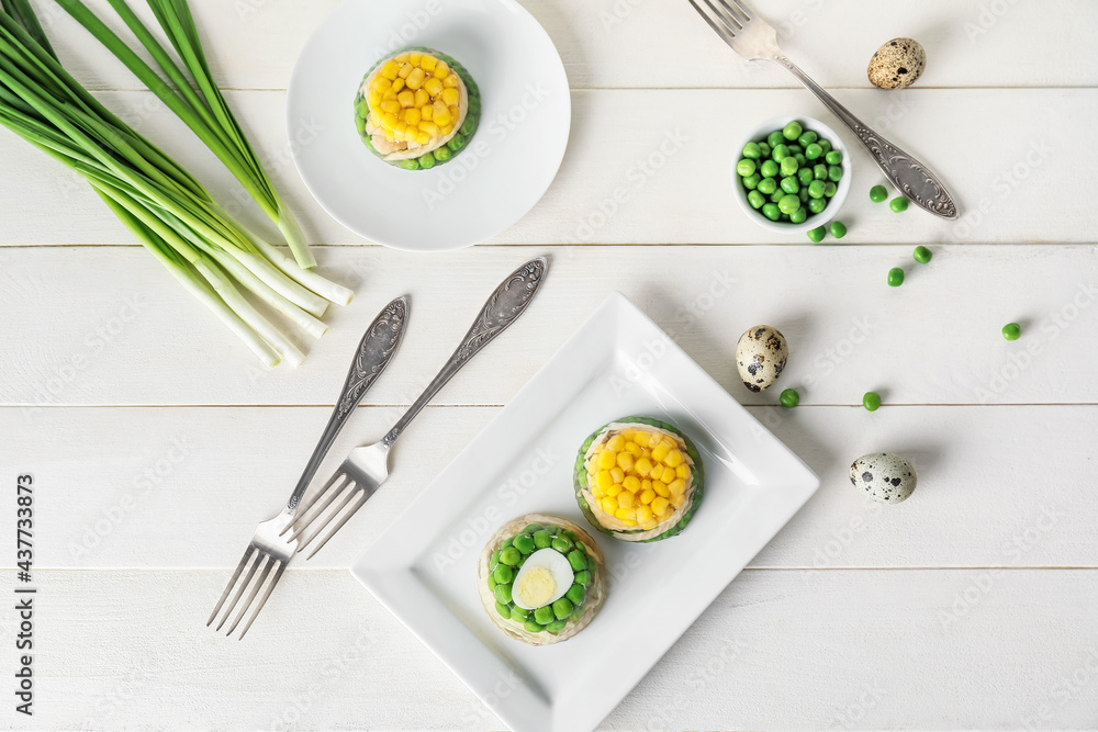 Plates with tasty aspic on table