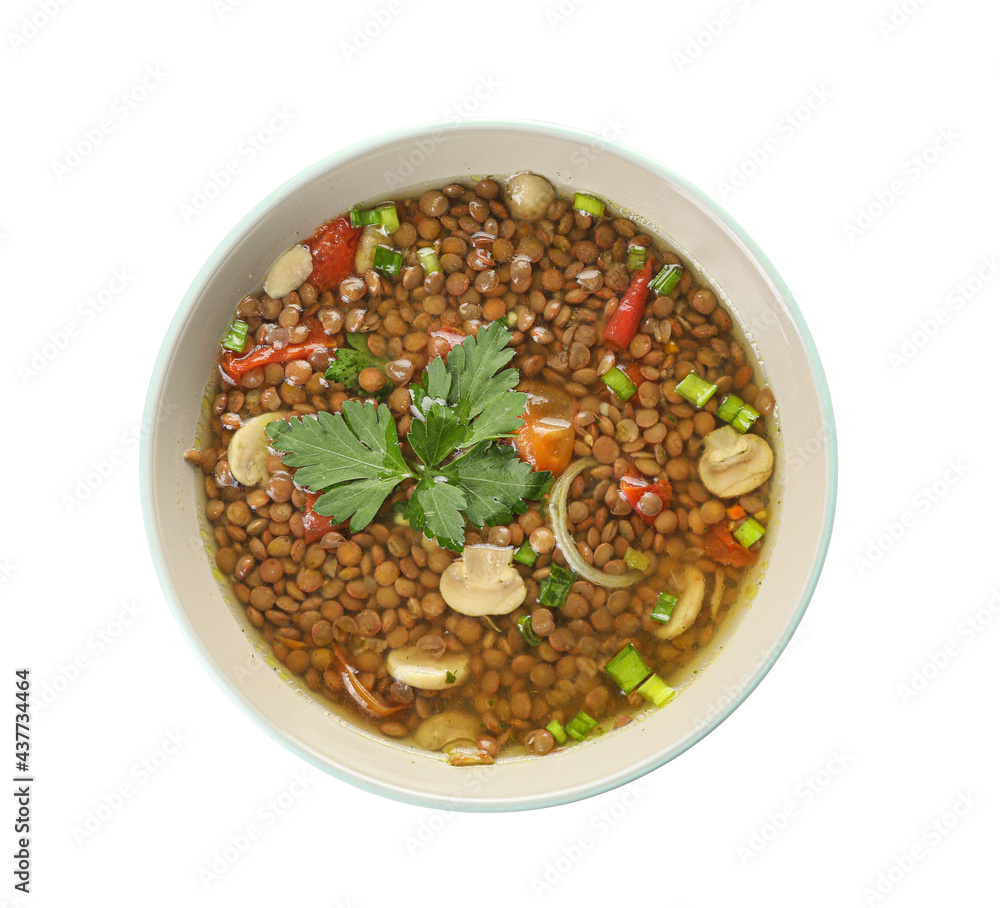 Bowl of tasty lentil soup on white background