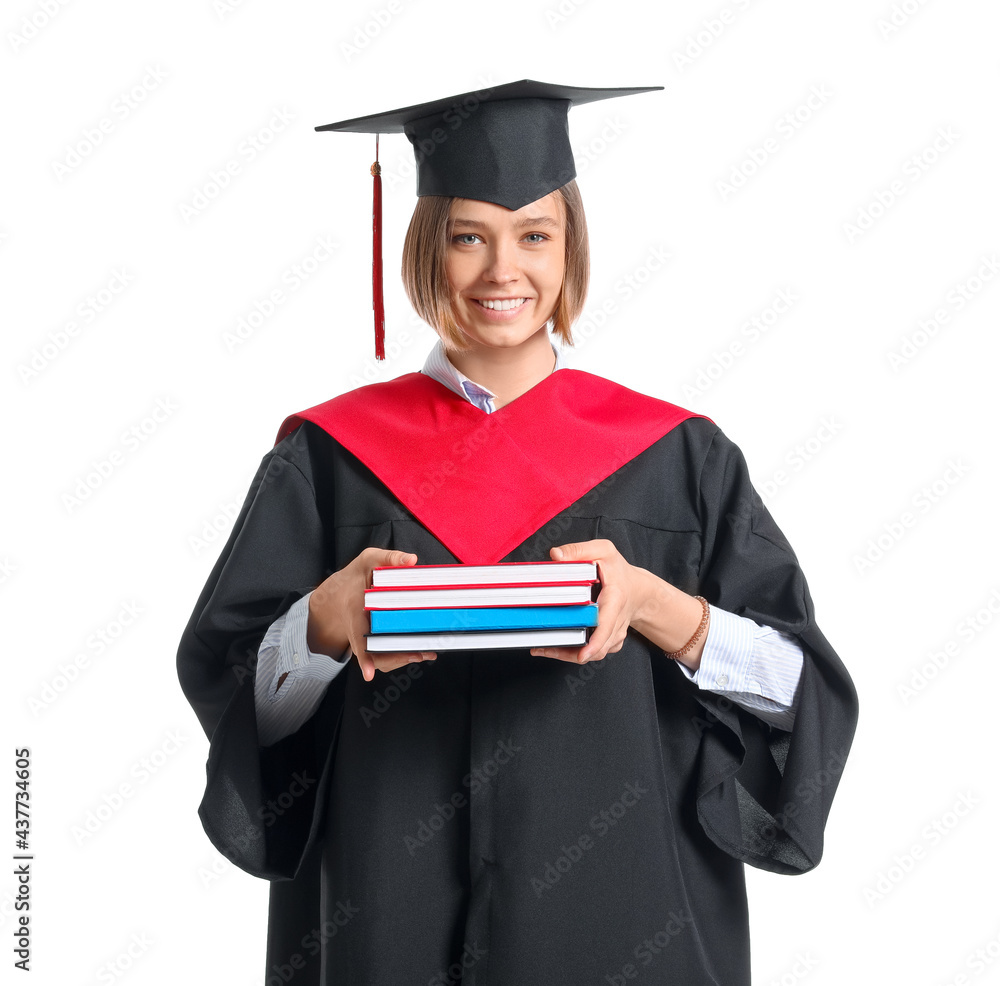 Female graduating student with books on white background