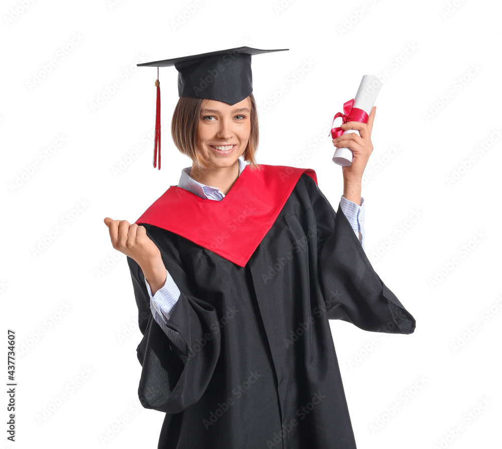 Happy female graduating student with diploma on white background