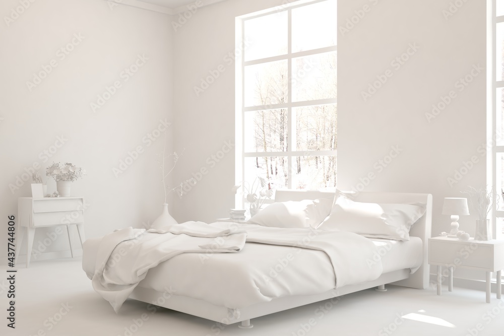 Modern bedroom in white color. Scandinavian interior design. 3D illustration