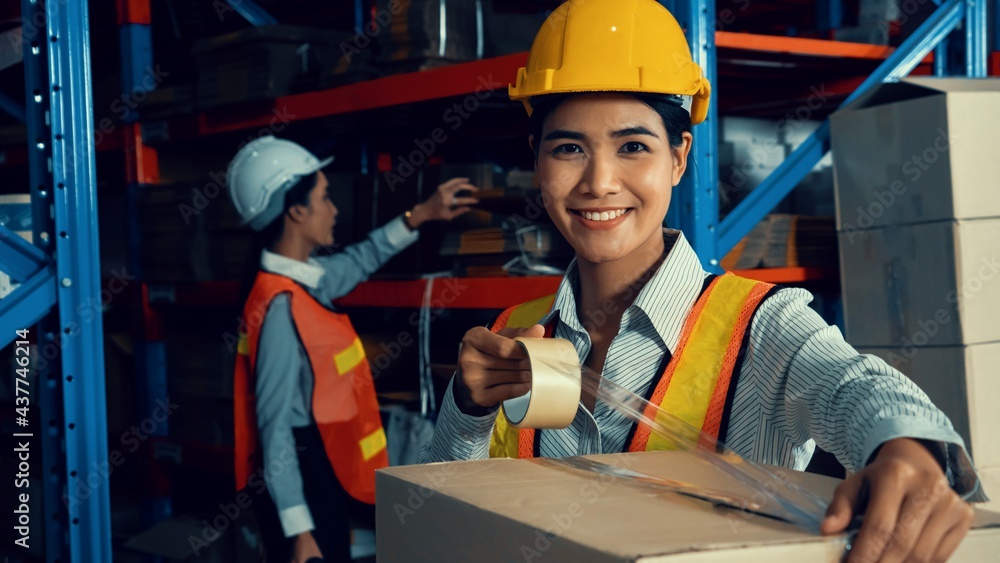 Portrait of young Asian woman warehouse worker smiling in the storehouse . Logistics , supply chain 