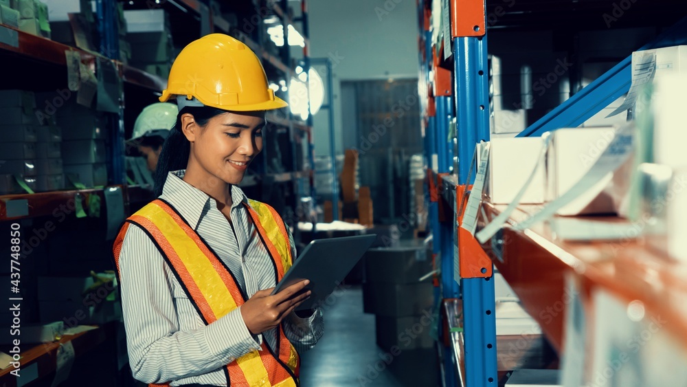 Female warehouse worker working at the storehouse . Logistics , supply chain and warehouse business 