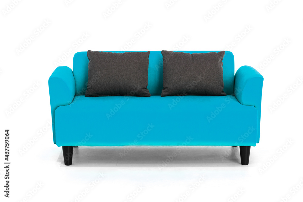 Blue Scandinavian style contemporary sofa on white background with modern and minimal furniture desi