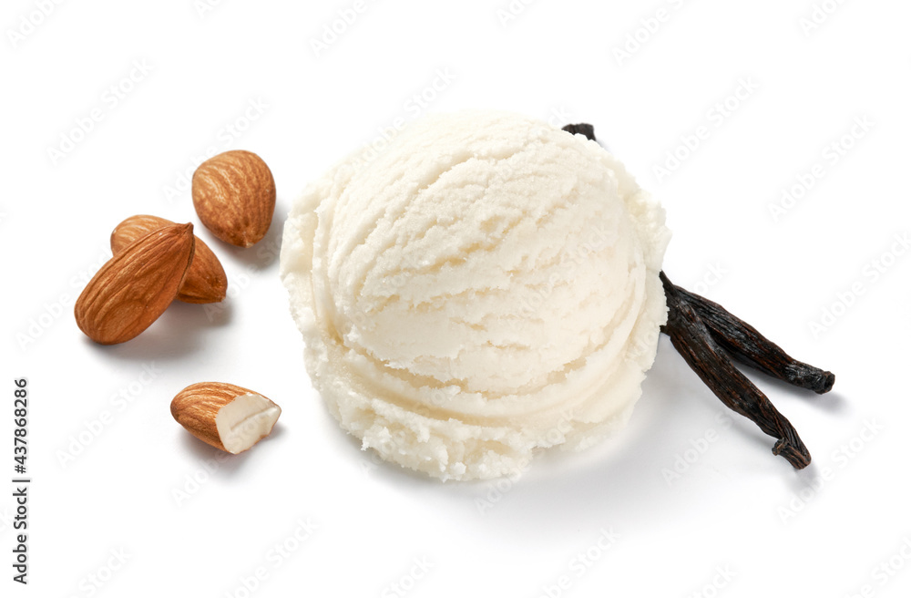 Scoop of vanilla ice cream with almonds on white background. Ice cream with vanilla isolated. Ice cr