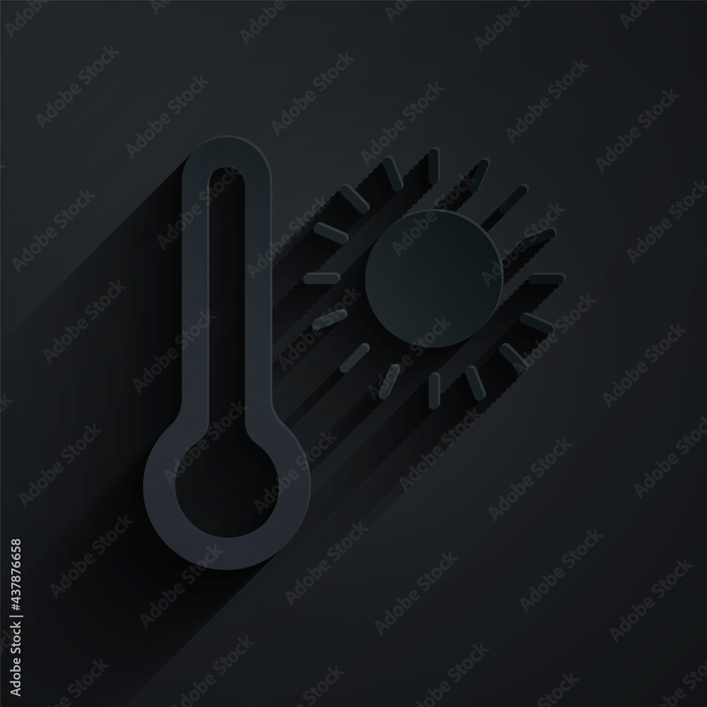 Paper cut Meteorology thermometer measuring heat and cold icon isolated on black background. Thermom