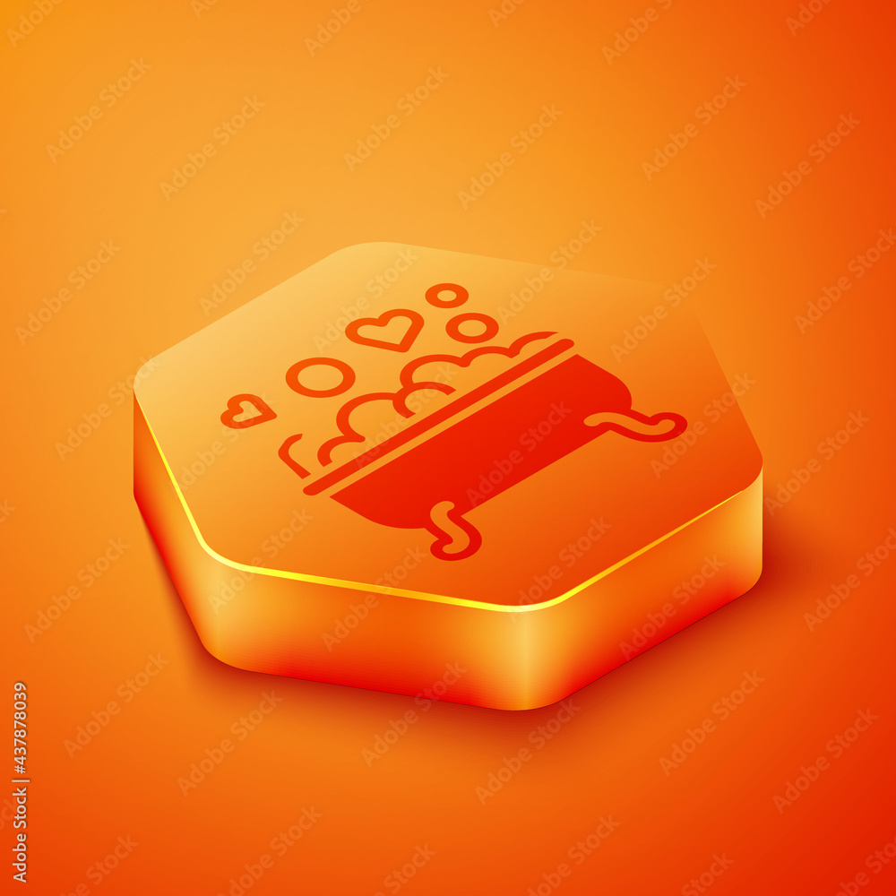 Isometric Romantic in bathroom icon isolated on orange background. Concept romantic date. Romantic B