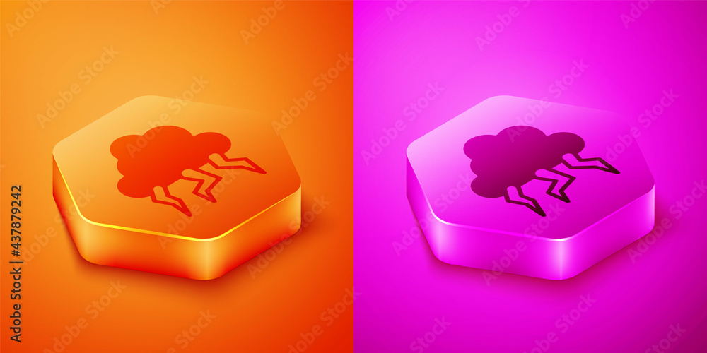 Isometric Storm icon isolated on orange and pink background. Cloud and lightning sign. Weather icon 