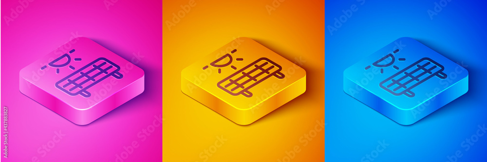 Isometric line Solar energy panel icon isolated on pink and orange, blue background. Square button. 