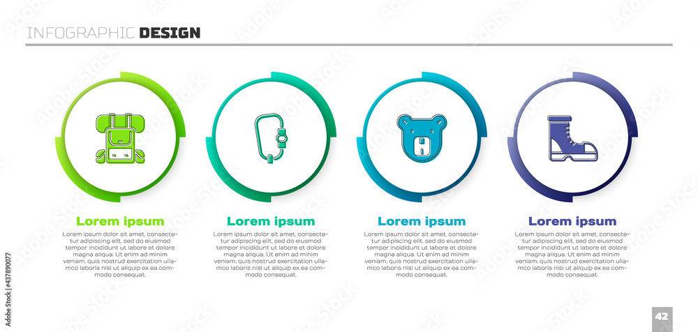 设置徒步背包、钩环、熊头和猎人靴。商业信息图模板。矢量