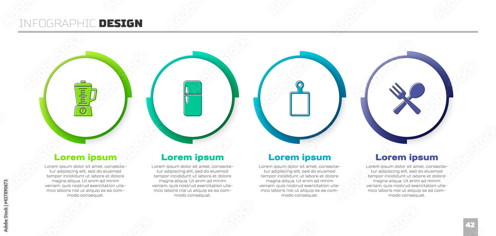 设置搅拌机、冰箱、砧板和交叉叉勺。商业信息图模板。