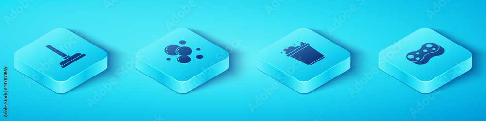 Set Isometric Rubber plunger, Soap water bubbles, Sponge and Bucket with foam icon. Vector