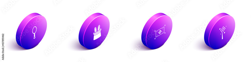 Set Isometric Magic hand mirror，Magician hat rabbit ears，地毯和五线谱图标。Vector