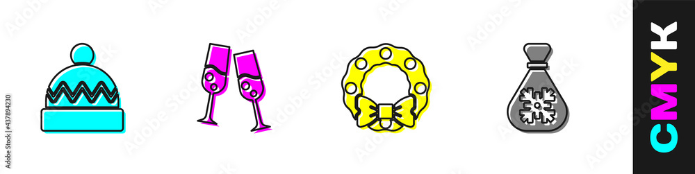 Set Winter hat, Glass of champagne, Christmas wreath and Santa Claus bag gift icon. Vector