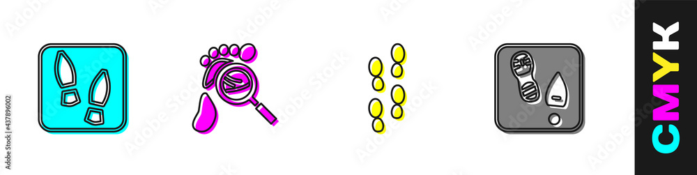 设置人类足迹鞋，带有足迹和图标的放大镜。矢量
