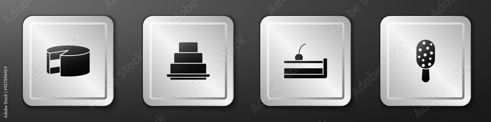 Set Cake, , Cherry cheesecake and Ice cream icon. Silver square button. Vector