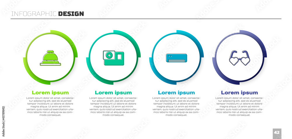 Set Hotel service bell, Action camera, Air conditioner and Heart shaped love glasses. Business infog