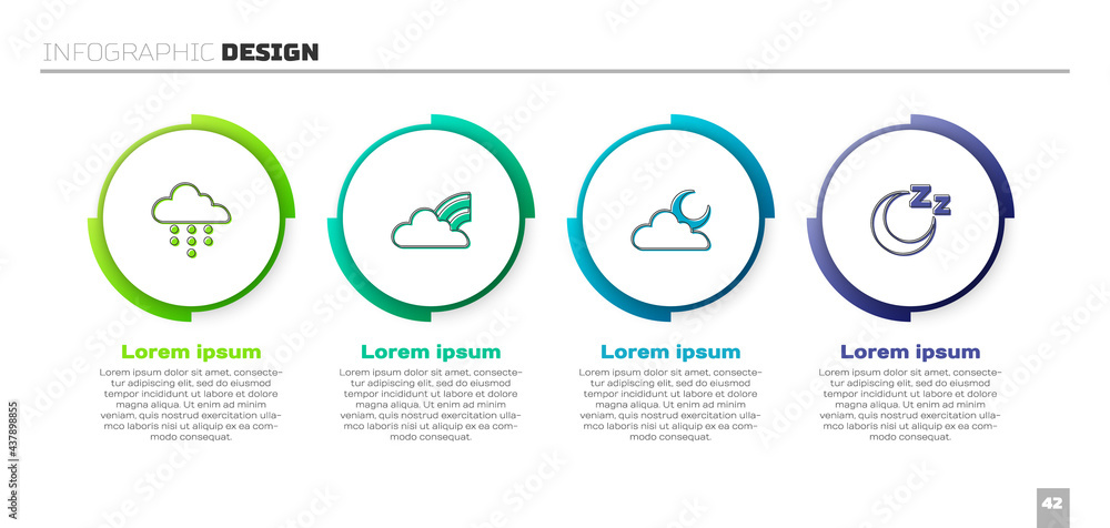 将云与雨、彩虹云、月亮和睡眠时间相结合。商业信息图模板。Vector